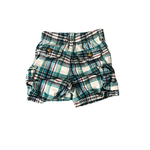 OshKosh B'gosh Plaid Cargo Shorts Boys 18 Months Blue Turquoise Elastic Waist - Picture 2 of 4